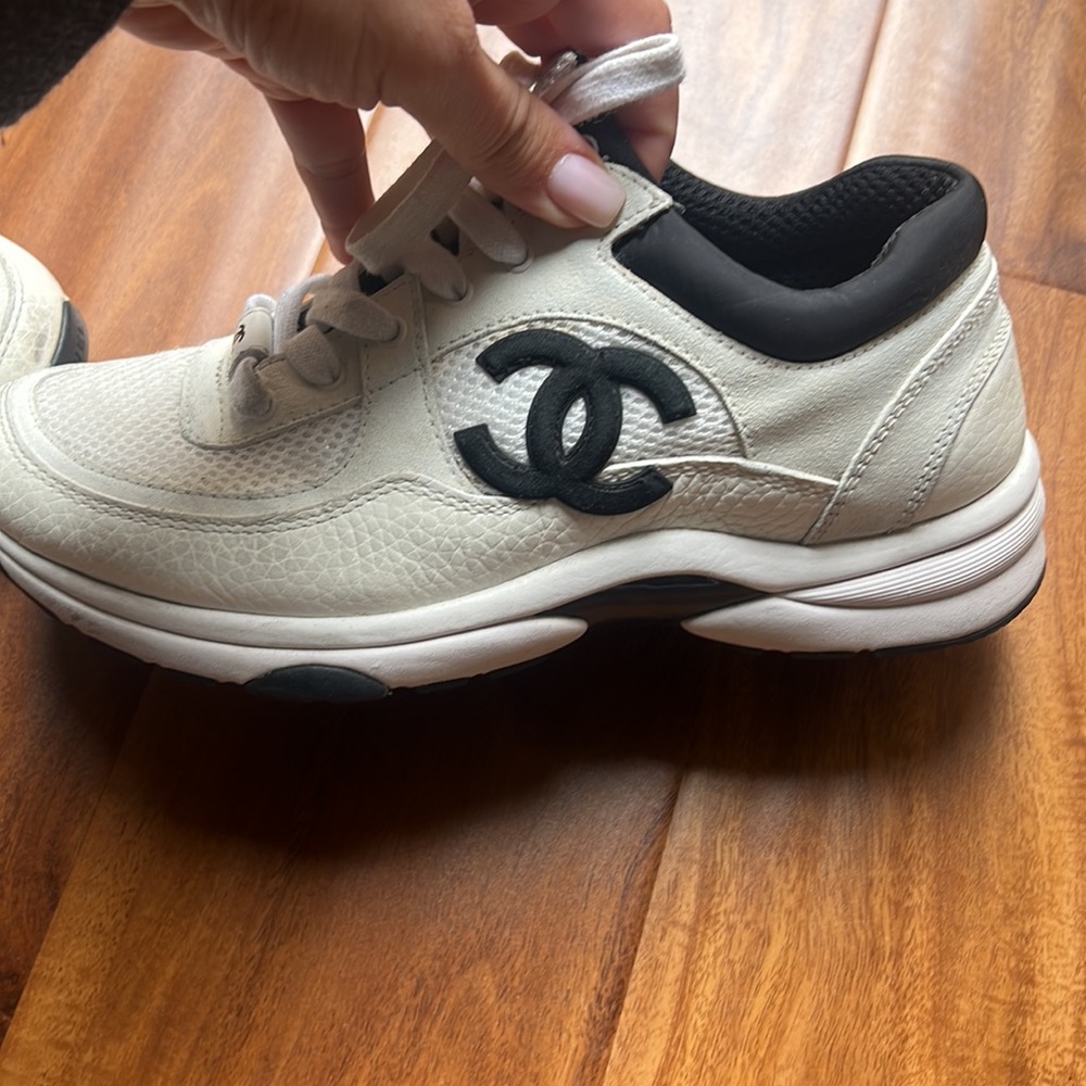 Authentic CHANEL White and Black Mesh Leather Sneakers - Picture 6 of 7